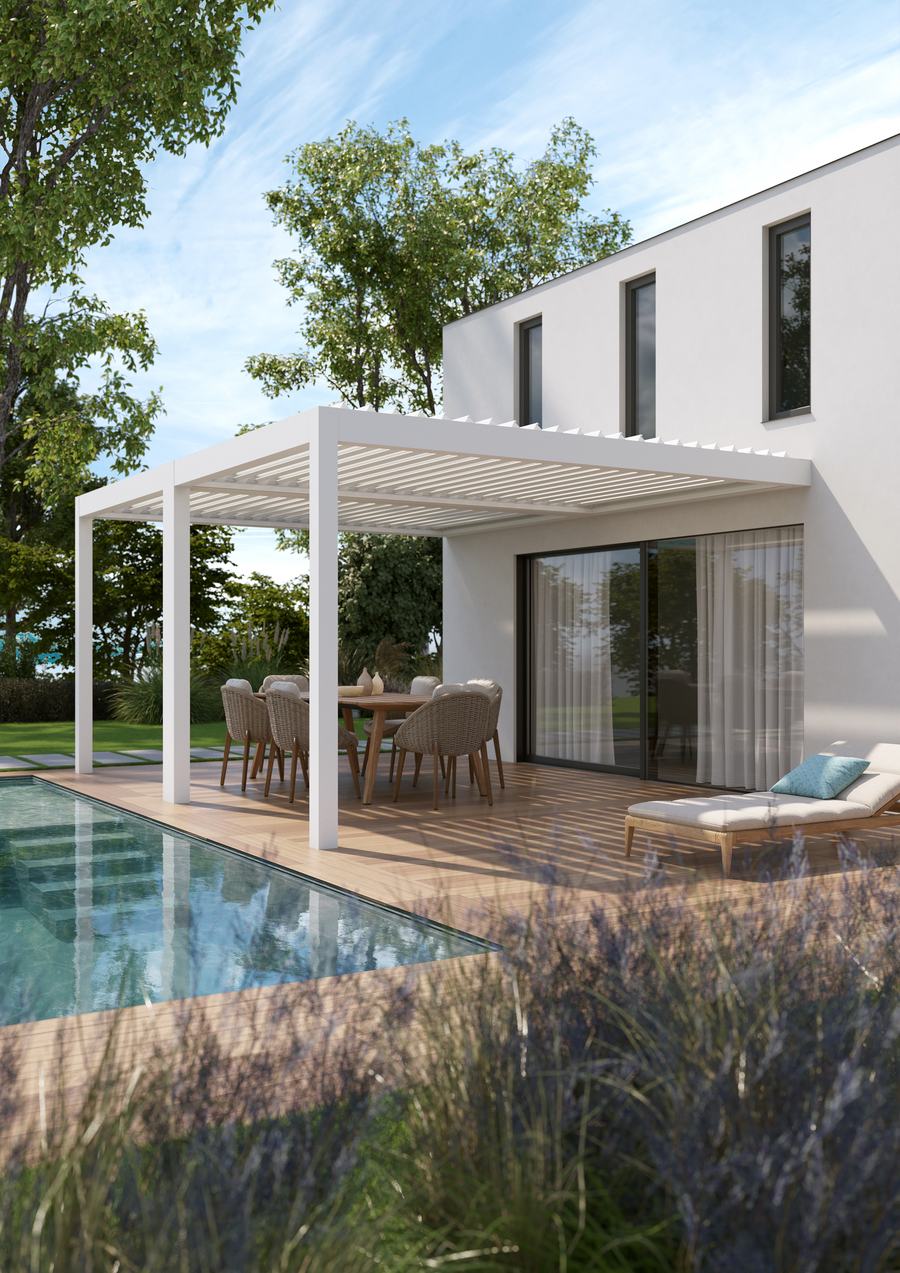 Villetta con pergola bianca, tavolo da pranzo all’aperto e piscina
