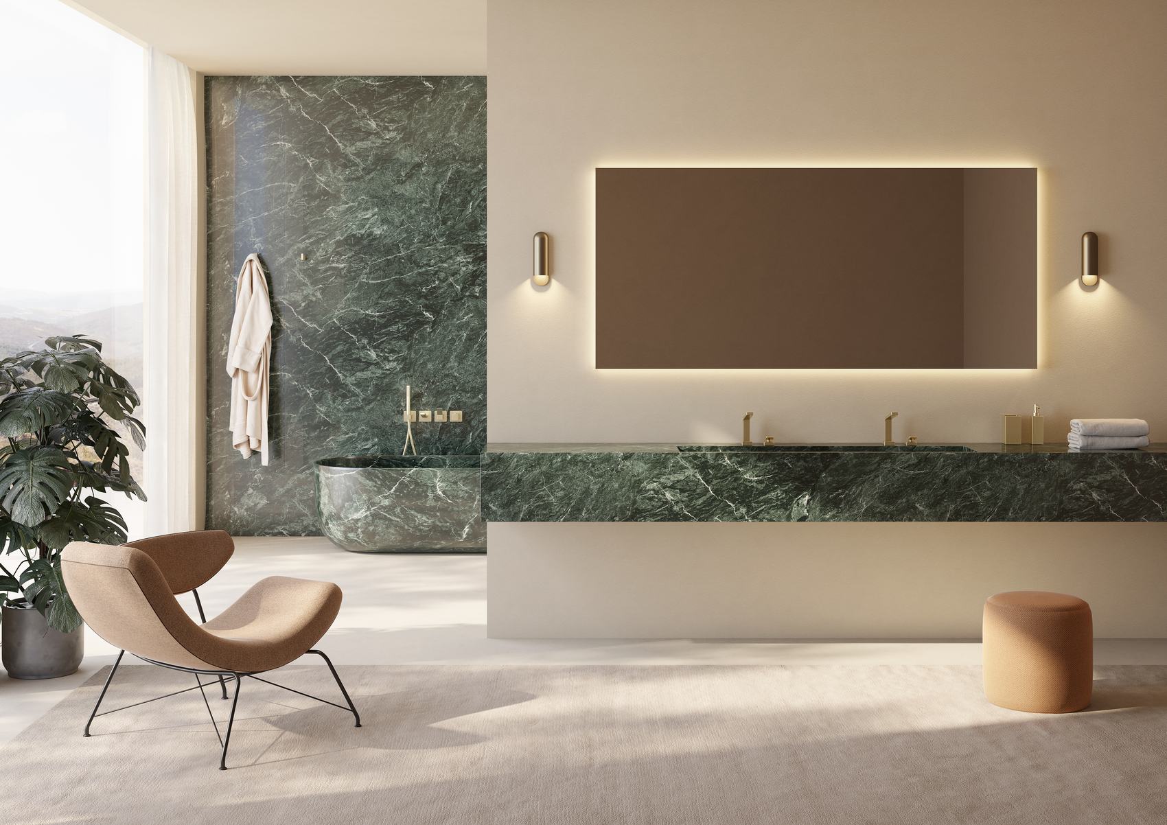 Bagno in marmo verde con specchio retroilluminato e poltroncina color cuoio