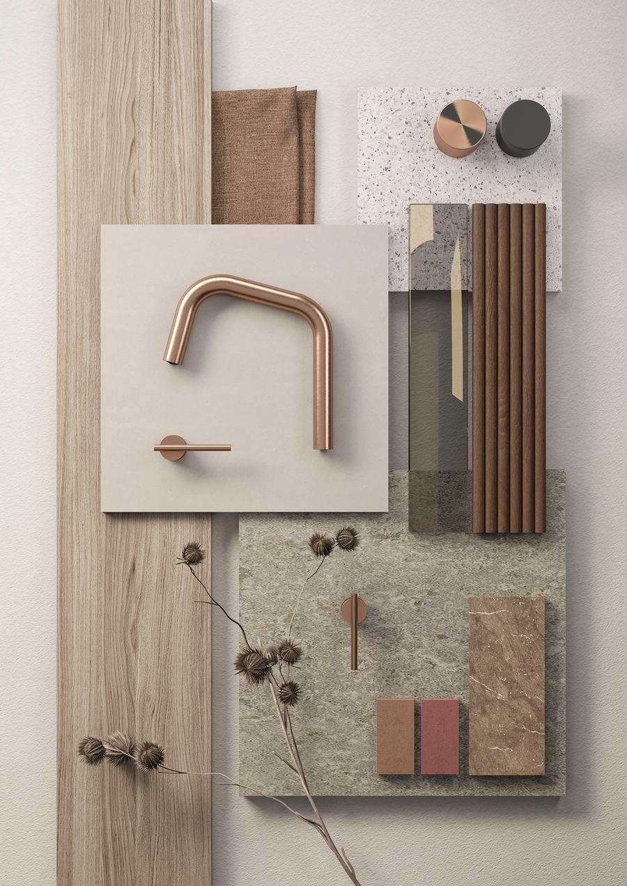 Moodboard di materiali: rame, legno, pietra, tessuto e finiture colorate